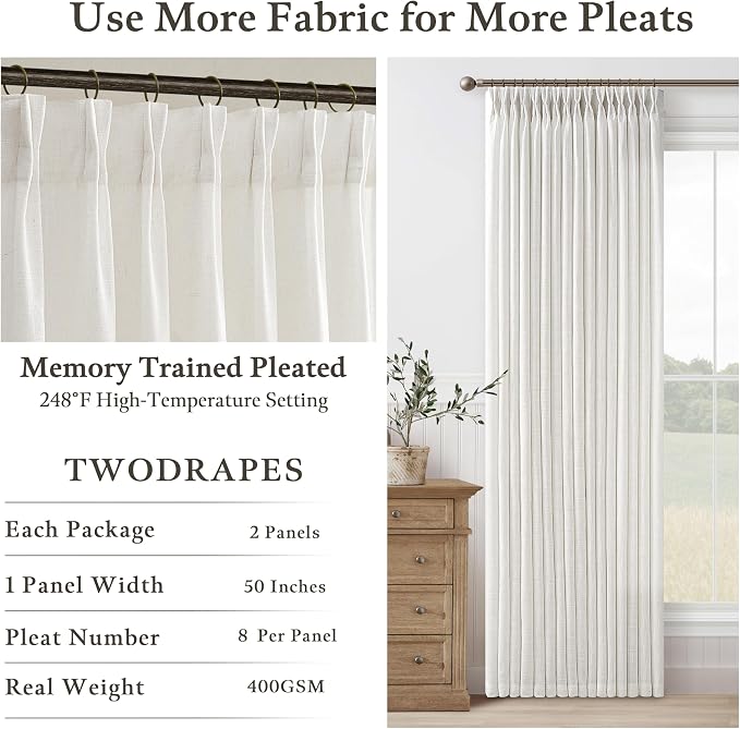 105 Inch Beige White Linen Light Filtering Sheer Pleated Curtains 50x105 | - Image 4