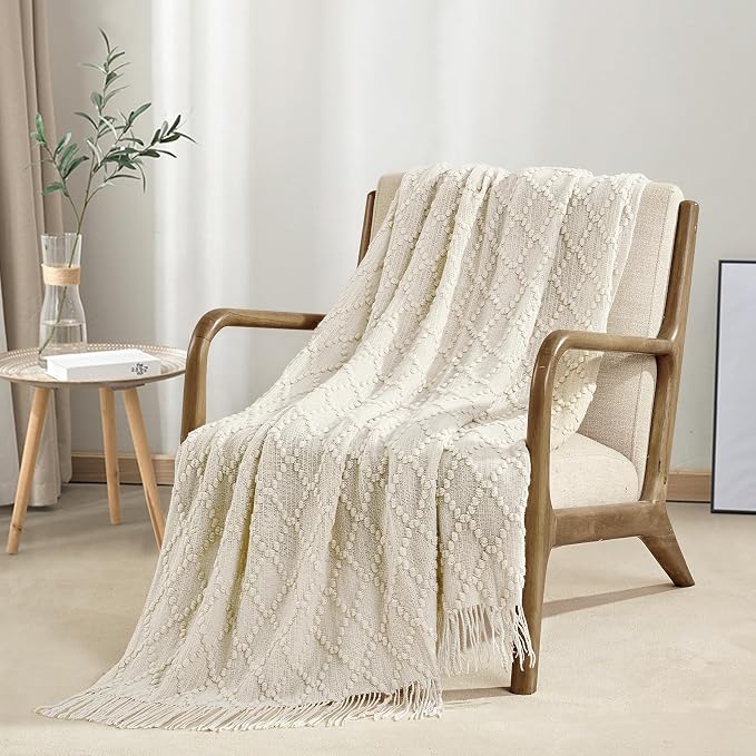 BOURINA Beige Throw Blanket 50 x70 Inches Jacquard Argyle Throw Textured Solid - Image 2