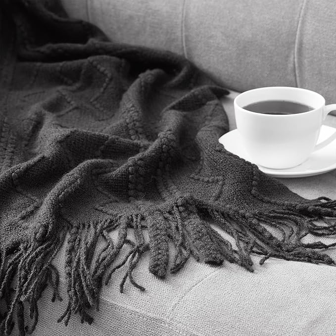 BOURINA Black Throw Blanket 50x60 Inches Throw Textured Solid Soft Sofa Couch - Image 5