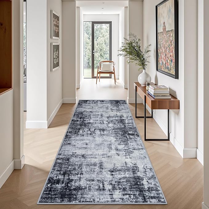 2.6'x8' Runner Rug Washable Rug;Modern Abstract Soft Thin Runner Rug Dark-Black - Image 3