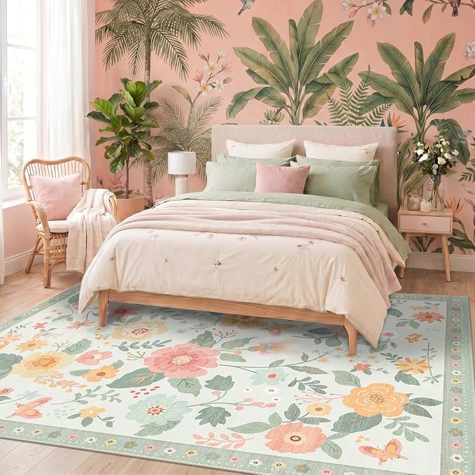 RELEANY Floral Washable 6x9 Area Rugs Beige/Green | Flower Carpet Print Boho - Image 9