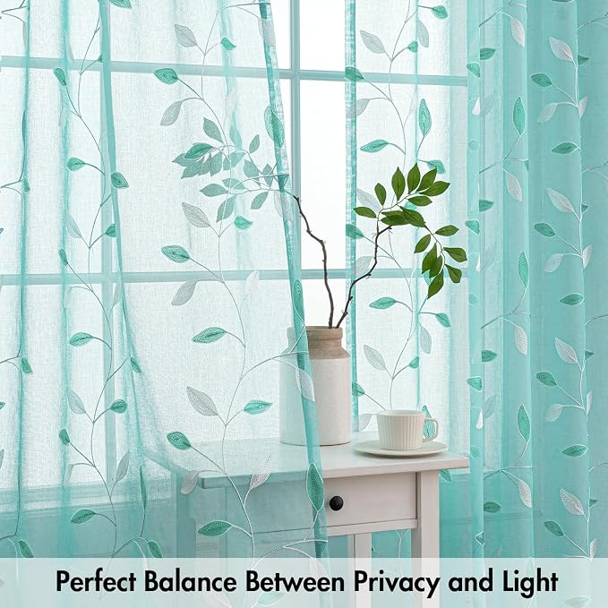 MIULEE Turquoise Sheer Curtains 2 Panels Embroidered Leaf Patterned Rod Pocket - Image 5