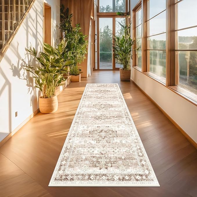 Beige Washable 2'6"x10' Extra Long Runner Rugs by HazoHaus
