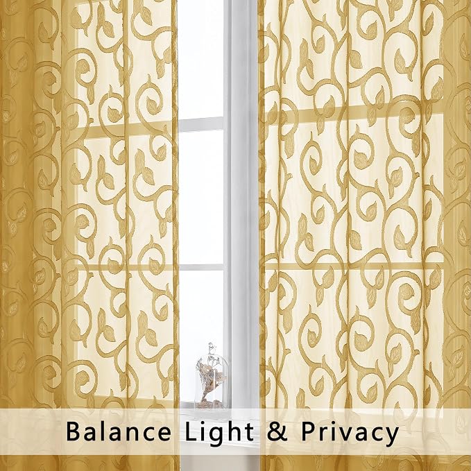 OWENIE Furman Gold Sheer Curtains 96 inches Extra Long - Image 2