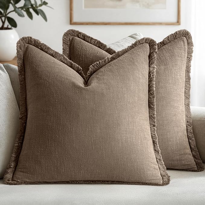 MIULEE Decorative Throw Pillow Covers Neutral Linen Fringe Throw Pillows Euro by MIULEE