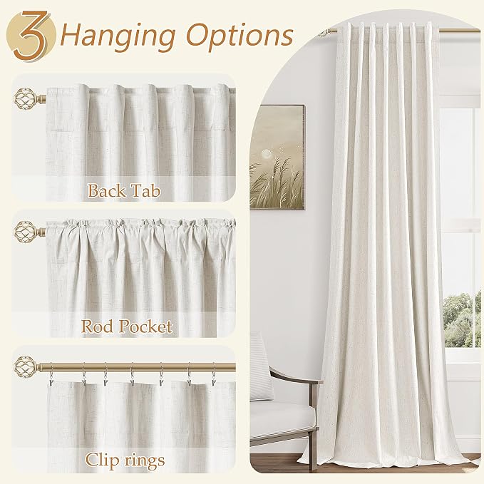 Beige White 100% Blackout Linen Curtains 120 Inch Length 2 Panels Set - Image 6