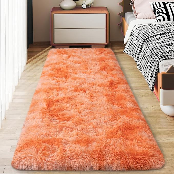 Soft Runner Rugs for Bedroom Hallways, 2x6 Tie-Dyed Orange Fluffy Shag Throw by Ailyei