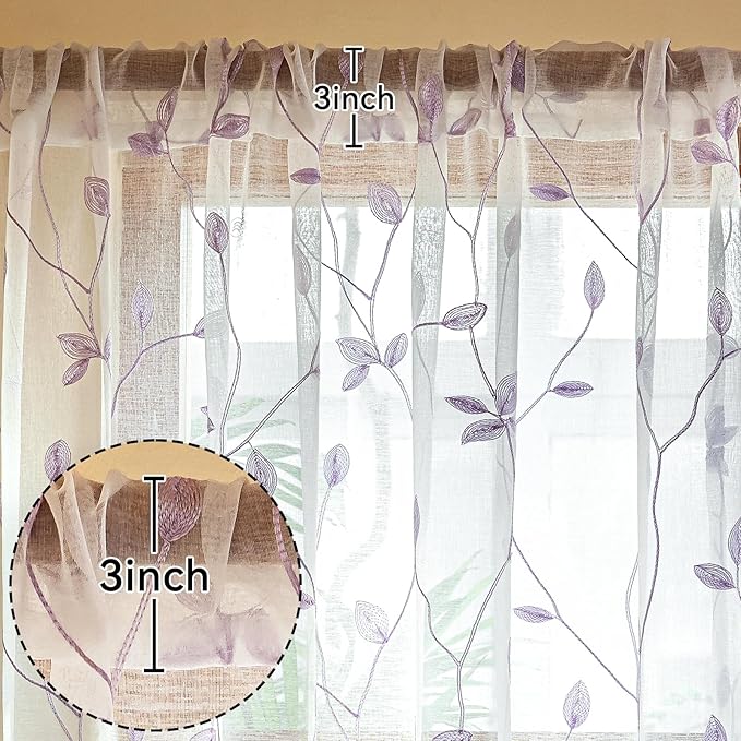 AmHoo 2 Panels Embroidered Leaf Pattern Semi Sheer Curtains Foliage Floral - Image 3