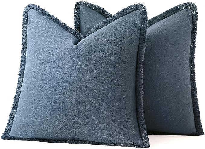 MIULEE Boho Linen Fringe Decorative Throw Pillow Covers Blue Ashes 20x20 | Set - Image 7