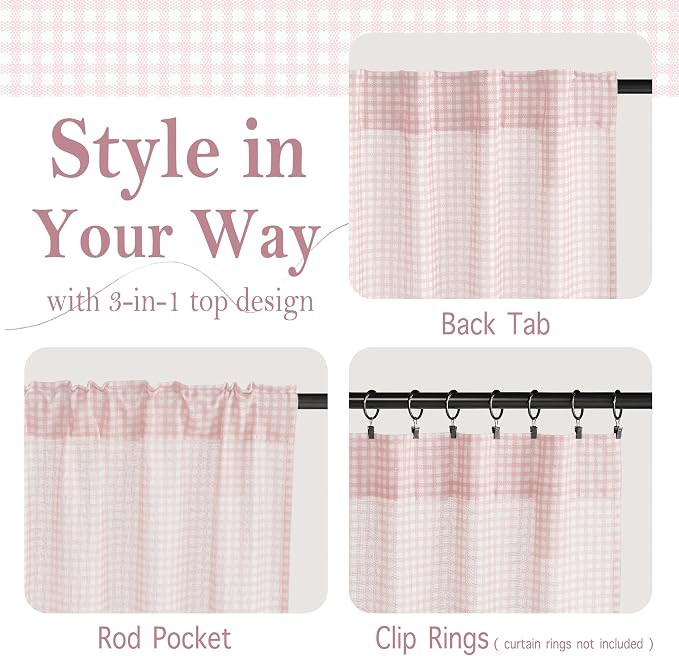 RYB HOME Checkered Kitchen Curtains 24 inch Length, Vintage Farmhouse Linen - Image 2