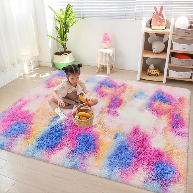Fluffy Colorful Rug for Bedroom Girls 4x6 Kawaii Rainbow Tie Dye Area Rug Fuzzy - Image 4