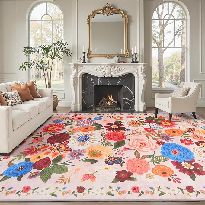 Pink/Beige Washable Area Rug 8x10, Large Soft Rugs - Image 2