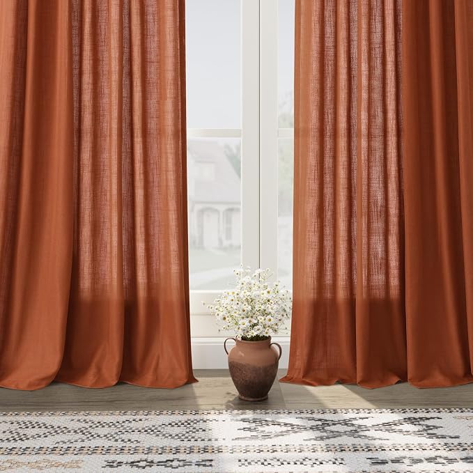Terracotta Linen Curtains 84 inches Long 2 Panel Set Back Tab Rod Pocket Rustic - Image 7
