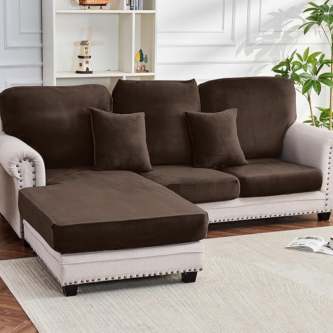 Couch Cover 6-Piece Elastic Velvet Couch Cushion Covers & Chaise Slipcovers by Taque