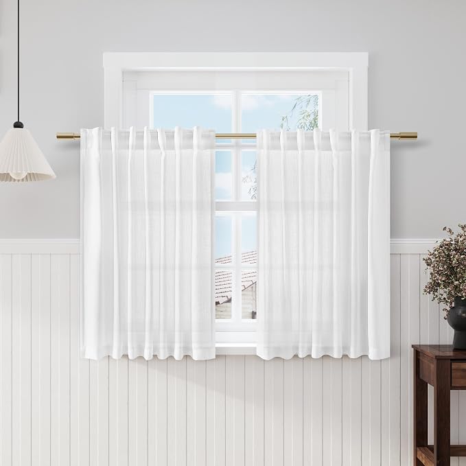 Nanspring White Linen Curtains 47 Inch Length 2 Panels Set Light Filtering Back by Nanspring