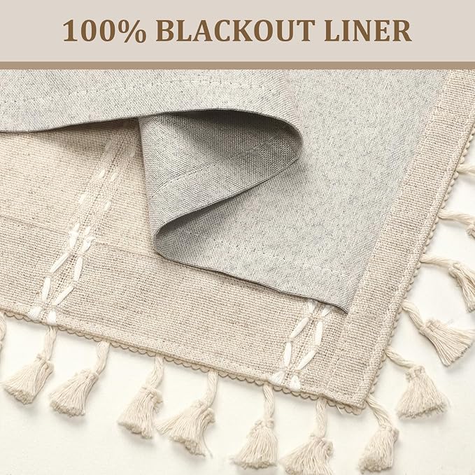 Boho Blackout Curtains 63 Inches Long Beige Linen Blend 2 Panels - Image 4