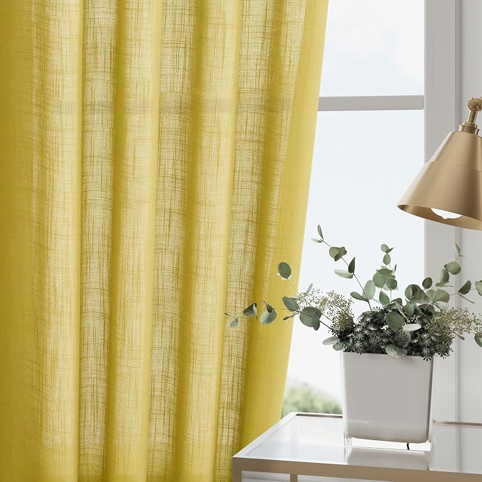 Celery Yellow Linen Curtains 102 Inches Long 2 Panel Set Back Tab Rod Pocket - Image 4