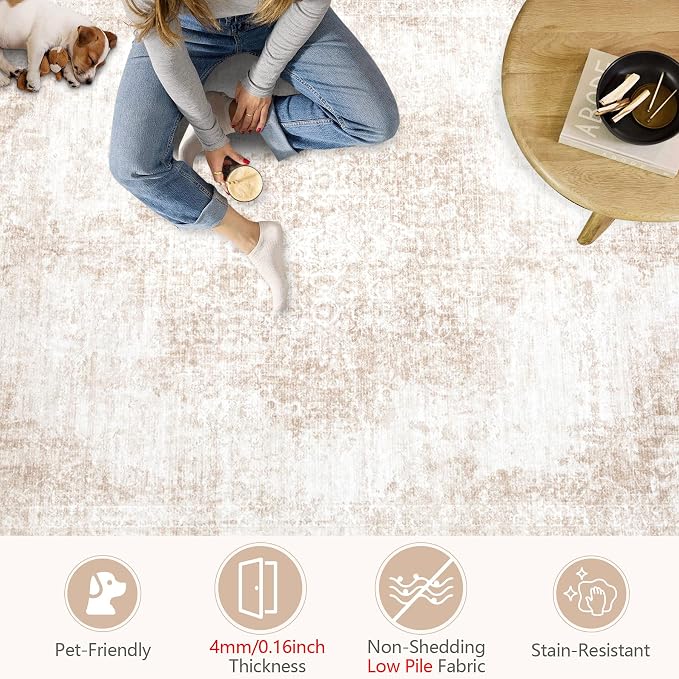 Area Rug 6x9 Vintage Rugs: Washable Living Room Rug Retro Medallion Distressed - Image 7