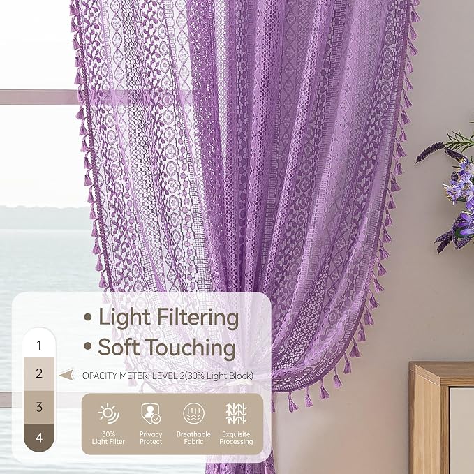 WAZZIO Boho Lace Curtains 84 Inches 2 Panel, Light Filtering Privacy Tassel & - Image 3