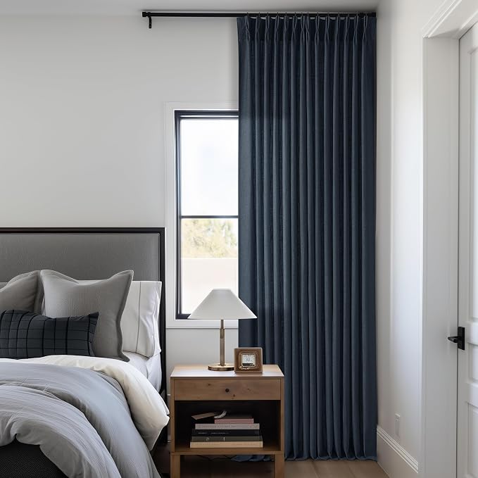 Navy Blue Linen Pinch Pleated Curtains 108 Inches Long 2 Panels | Light - Image 6