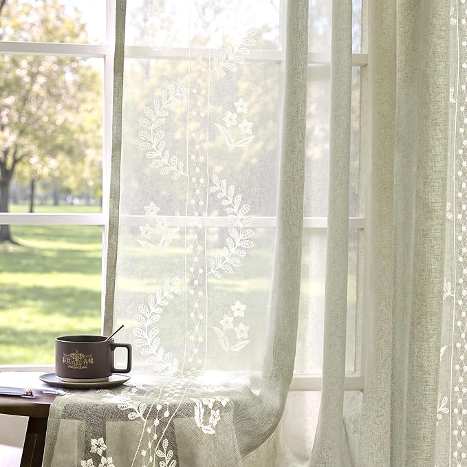 jinchan Belrose Sage Green Floral Sheer Curtains by JINCHAN