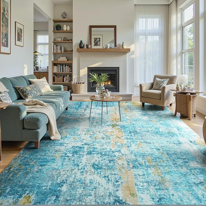 Ompaa Living Room Rug 6x9 Teal Blue Area Rug Machine Washable Boho Rug Non Slip - Image 4