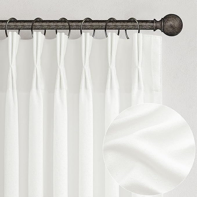 Custom Pure White Semi Sheer Linen Floor to Ceiling 105 Inch Curtains by PleatedDrapes