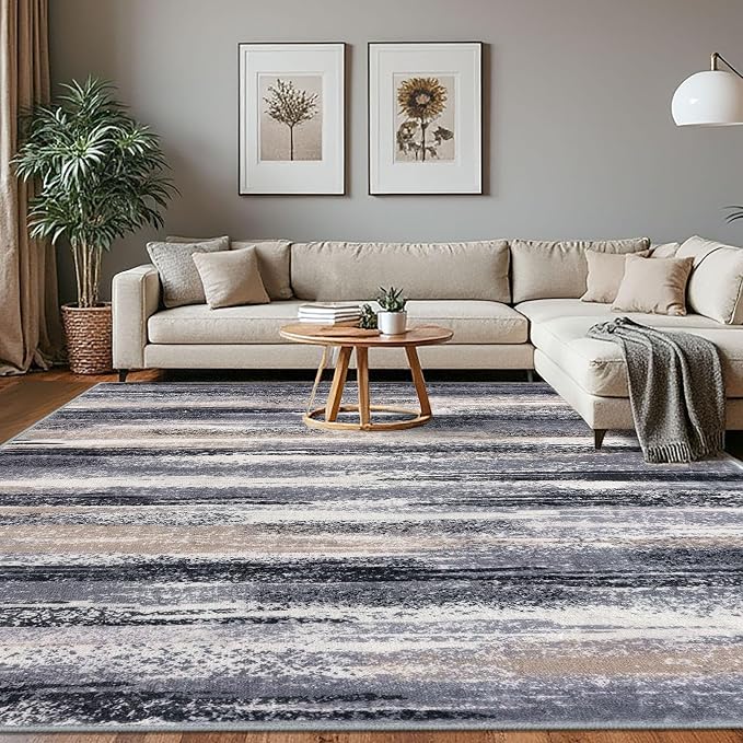 Lansny Modern Abstract 8x10 Large Machine Washable Living Room Rug Non-Slip by lansny