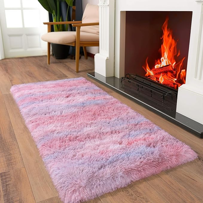 Soft Runner Rugs for Bedroom Hallways, 2x4 Abstract Pink Fluffy Shag Throw Area - Image 4