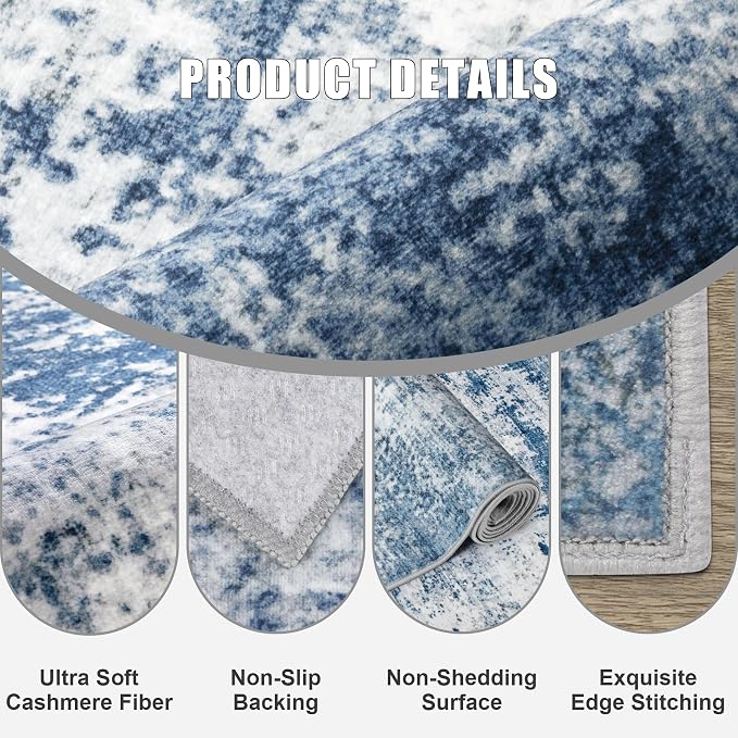 2.6'x8' Runner Rug Washable Rug;Modern Abstract Soft Thin Runner Rug Blue - Image 6