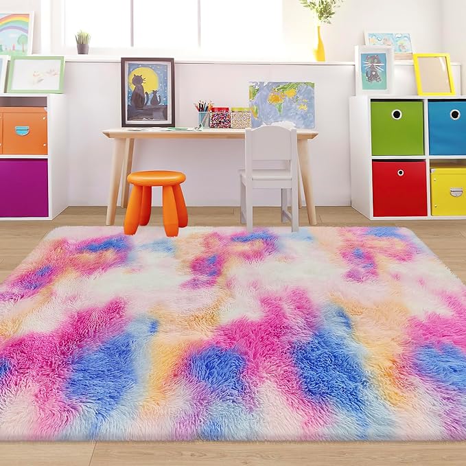 Fluffy Colorful Rug for Bedroom Girls 4x6 Kawaii Rainbow Tie Dye Area Rug Fuzzy by JiaoBaba