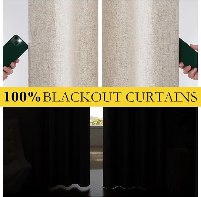 NICETOWN 100% Blackout Oatmeal Linen Curtains 95 inches Length - Image 2