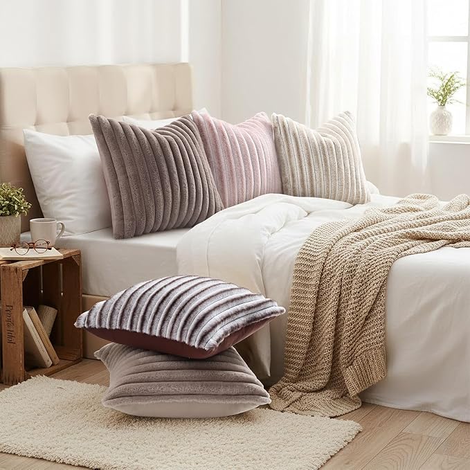 decorUhome Fall Faux Fur Throw Pillow Covers 12x20 Set of 2 Tan | Decorative - Image 6