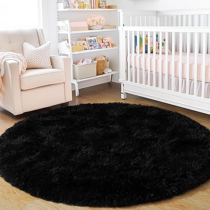 5'x5' Black Round Rug for Bedroom, Ultra Soft Fluffy Circle Rug for Kids Girls - Image 8