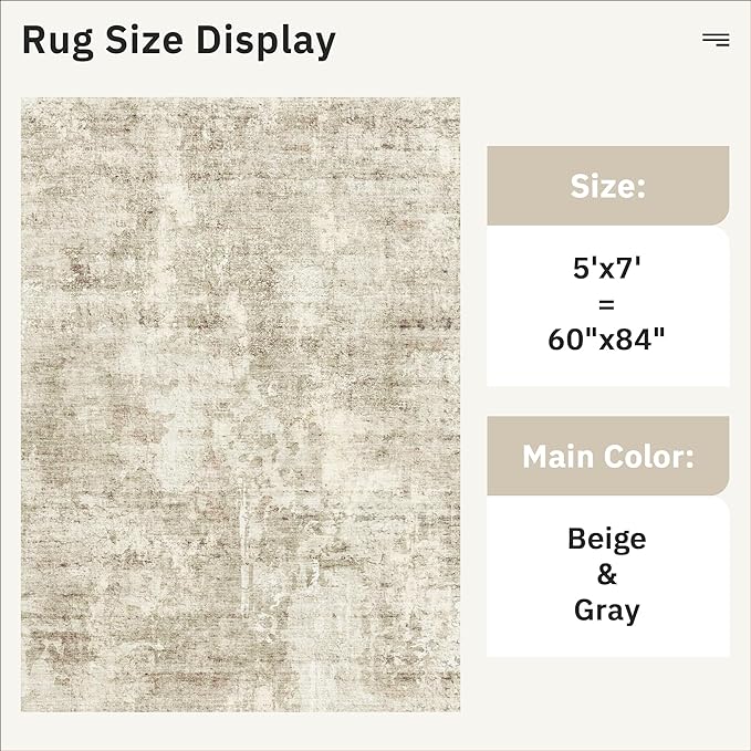 Soalmost Abstract Rug 5x7 Machine Washable Area Indoor Beige Gray White Low - Image 3