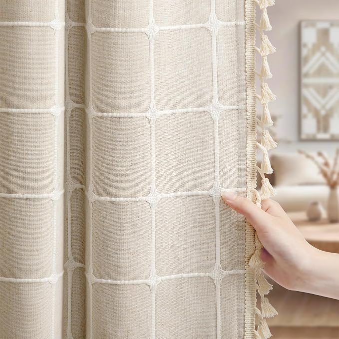Boho Blackout White Plaid Curtains 84 Inch Beige Linen Blend Drapes by Unknown