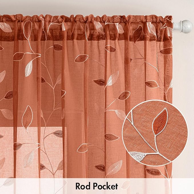 MIULEE Burnt Orange Sheer Curtains 2 Panels Embroidered Leaf Patterned Rod - Image 6