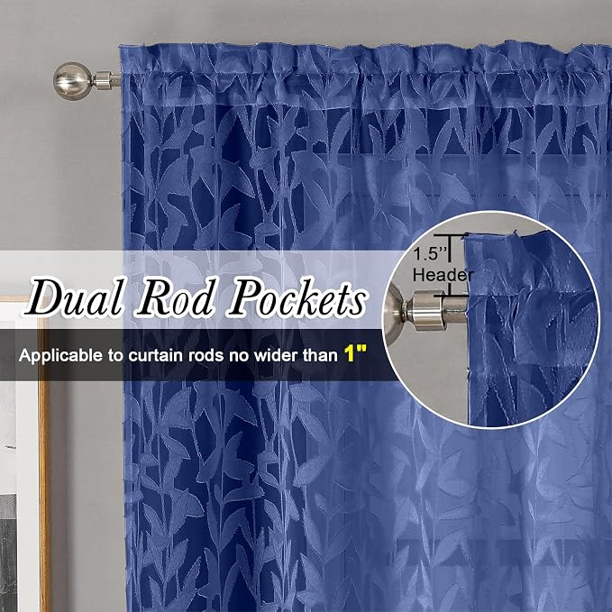 Lecloud Leia Dusty Blue Sheer Kitchen Curtains 24 Inch Length 2 Pcs, Jacquard - Image 2