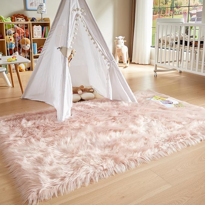 AMTOVO Faux Fur Sheepskin Rug for Living Room, 4 x 6 ft Pink Fluffy Area Rug - Image 6