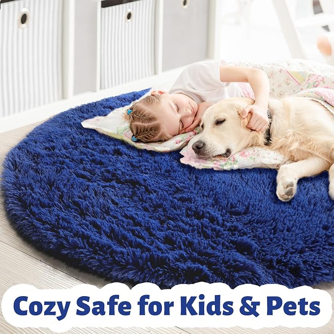 Navy Blue Round Rugs 5Ft for Boys Bedroom, Fluffy Circle Area Rug for Kids - Image 2