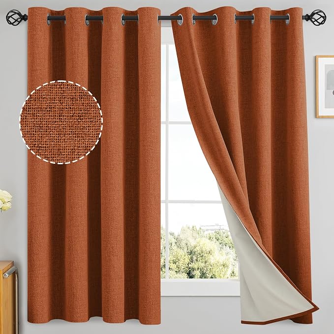 Yakamok Burnt Orange Linen Curtains 100% Blackout 63 Inches Long, Room by Yakamok
