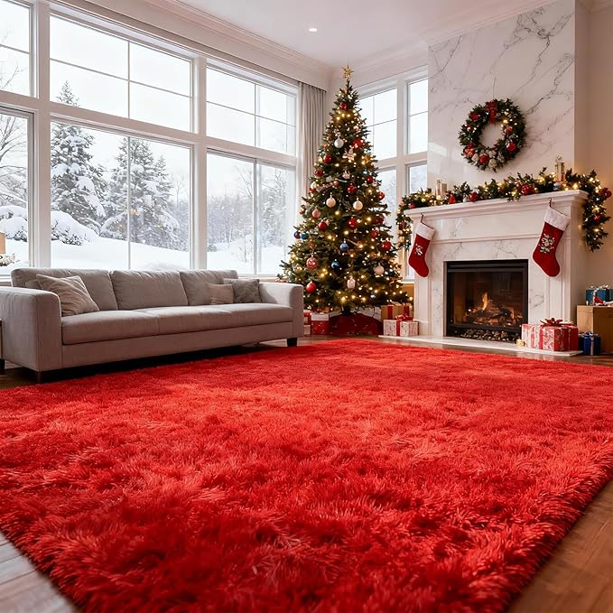 Red Shag Area Rugs for Bedroom Living Room, Ultra Soft Fluffy Christmas Area by Boshengya