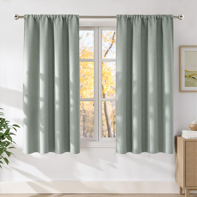 NICETOWN Sage Green Faux Linen Room Darkening Rod Pocket Curtains 63 inch Length by NICETOWN