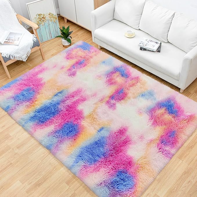 Fluffy Colorful Rug for Bedroom Girls 4x6 Kawaii Rainbow Tie Dye Area Rug Fuzzy - Image 5