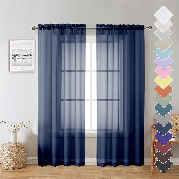 Lecloud Navy Blue Sheer Curtains 72 Inches Long 2 Panels, Light Filtering by Lecloud