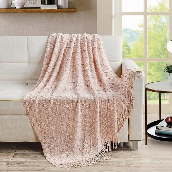 BOURINA Pink Throw Blanket 50 x70 Inches Jacquard Argyle Throw Textured Solid - Image 3