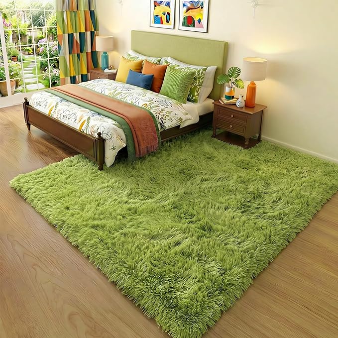 Amdrebio Grass Green Big Shaggy Kids Area Rug 6x9 - Image 3