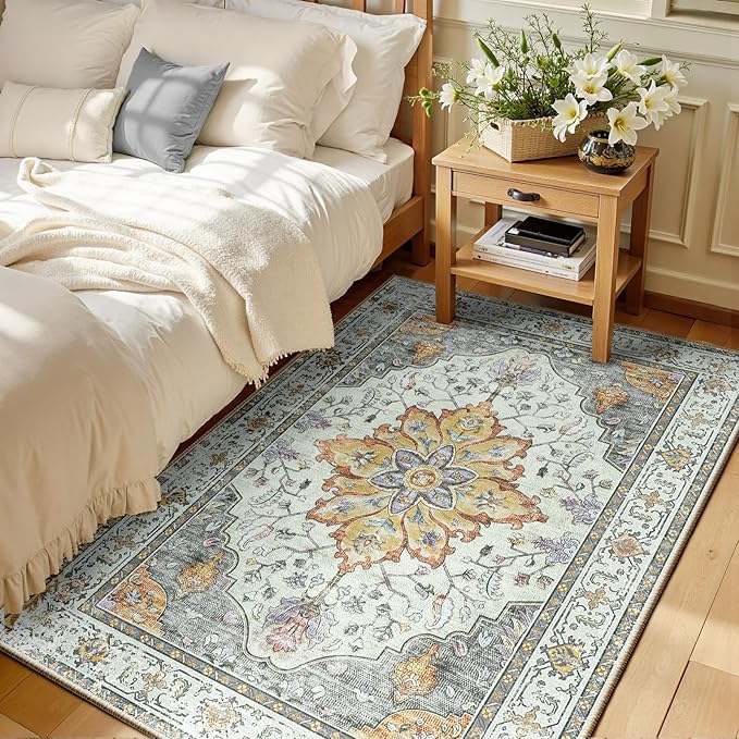 Area Rugs 3'x5' Washable Non-Slip, Floral Vintage Distress Print Pattern by RELEANY