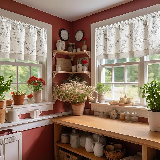 jinchan Linen Kitchen Valance for Windows 16 Inch Gray Floral Double Layer - Image 2