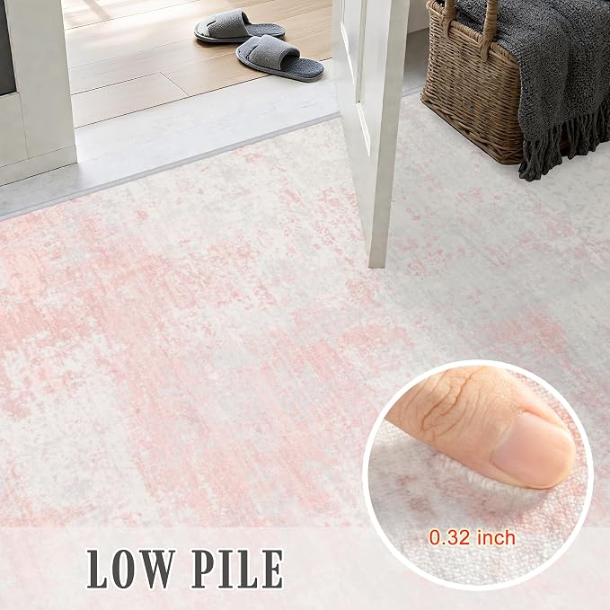 2.6x8 Washable Runner Rug：Modern Abstract Soft Carpet Pink White | - Image 7